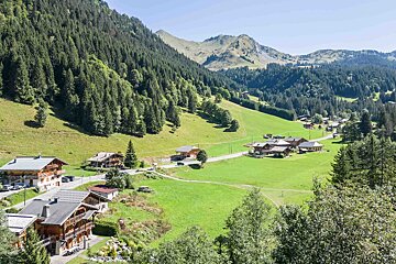 A small village in the mountains with a lot of trees