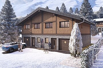 A rendering of a wooden and stone ski chalet in a snowy mountain setting with a car, people, and a dog outside.