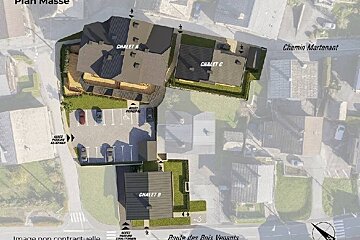 Aerial architectural site plan showing Chalet A, B, and C with parking spaces, roads, and landscaping.