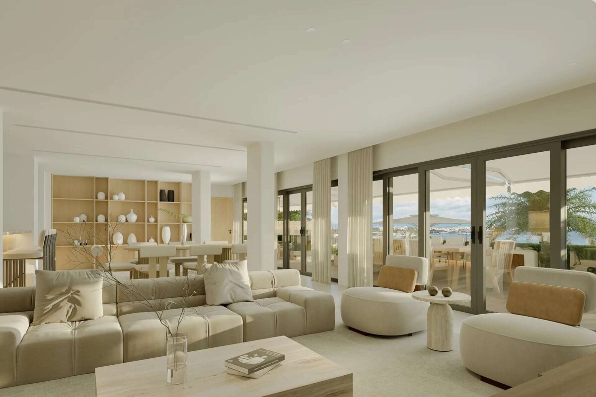 An artist 's impression of a living room with a couch and chairs