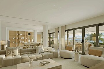 An artist 's impression of a living room with a couch and chairs