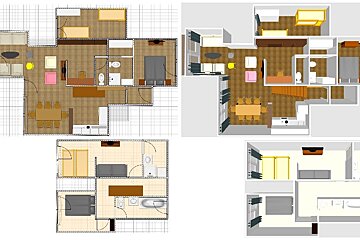 Side-by-side comparison of 2D blueprint and 3D rendered architectural floor plans for two levels of a house, detailing rooms and furniture.