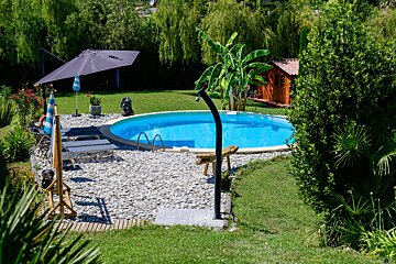 A swimming pool is surrounded by a lush green garden