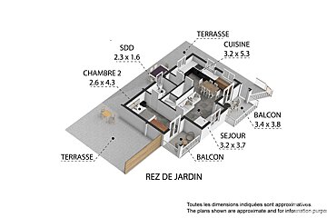 A 3d floor plan of a house with the words rez de jardin at the bottom
