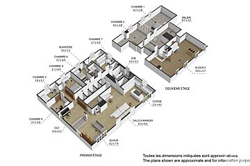 A 3D architectural floor plan of a two-story house, detailing rooms like bedrooms, kitchen, and living areas with French labels and dimensions.