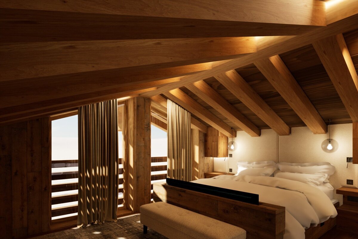 A bedroom with a wooden ceiling and a bed