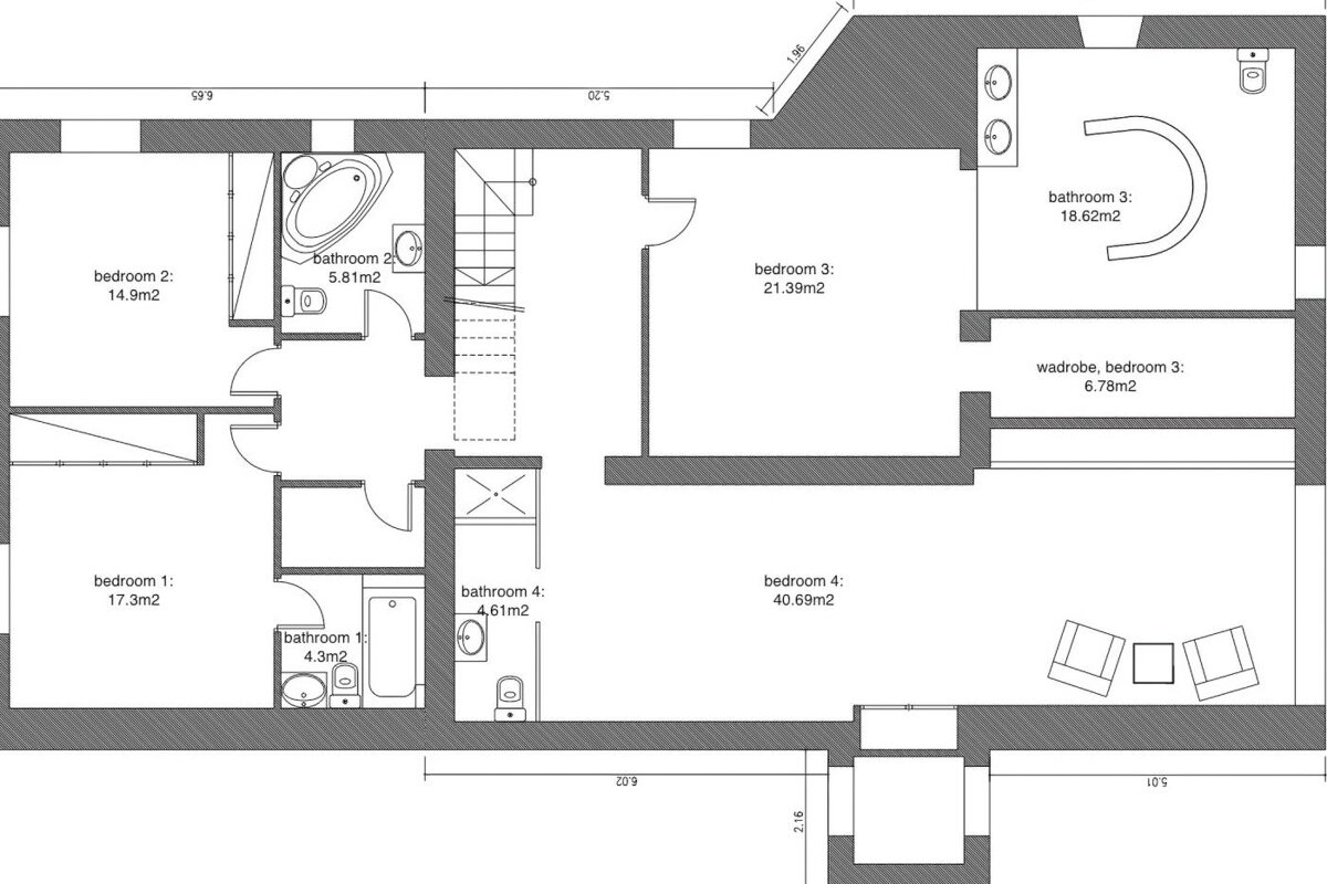 A floor plan of a house showing bedrooms and bathrooms