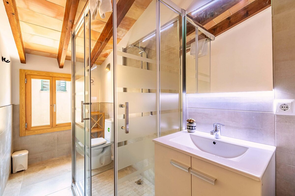 A bathroom with a toilet and a sink with a plant on the sink
