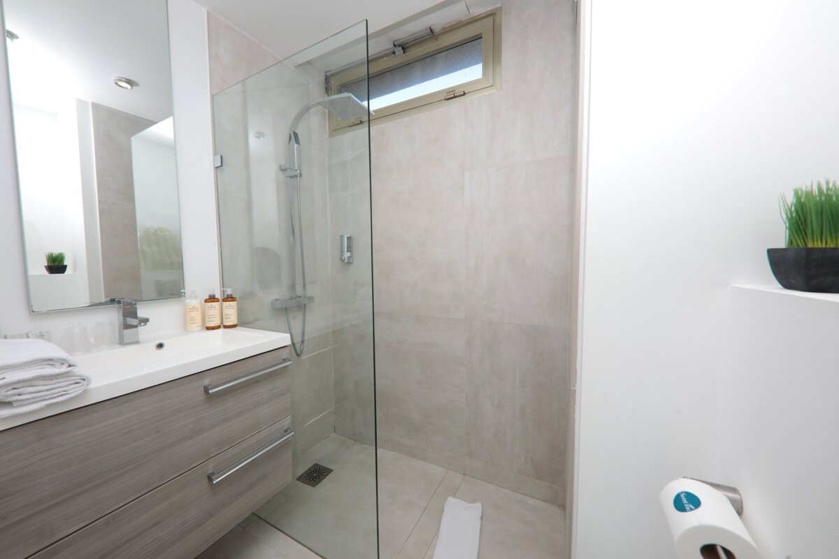 A bathroom with a sink and a walk in shower