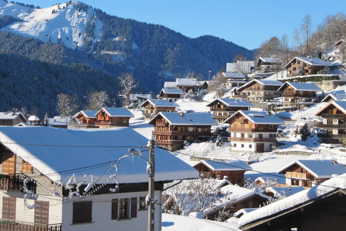 A snowy village with a mountain in the background