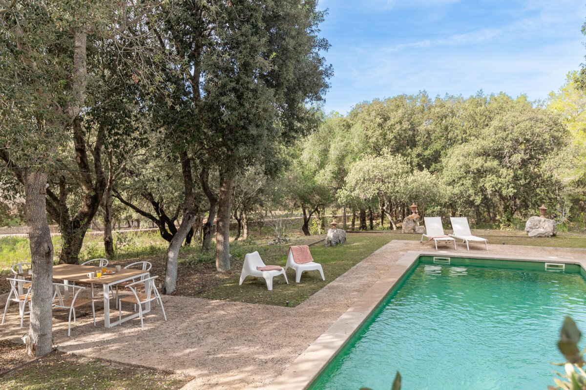 A large swimming pool surrounded by trees and chairs