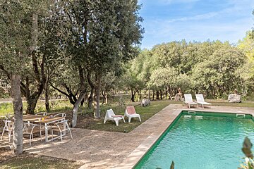 A large swimming pool surrounded by trees and chairs