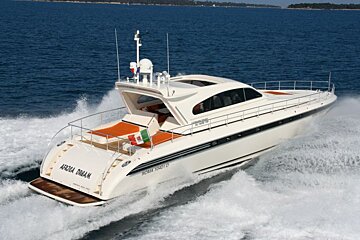 A white boat with the word arena on the back