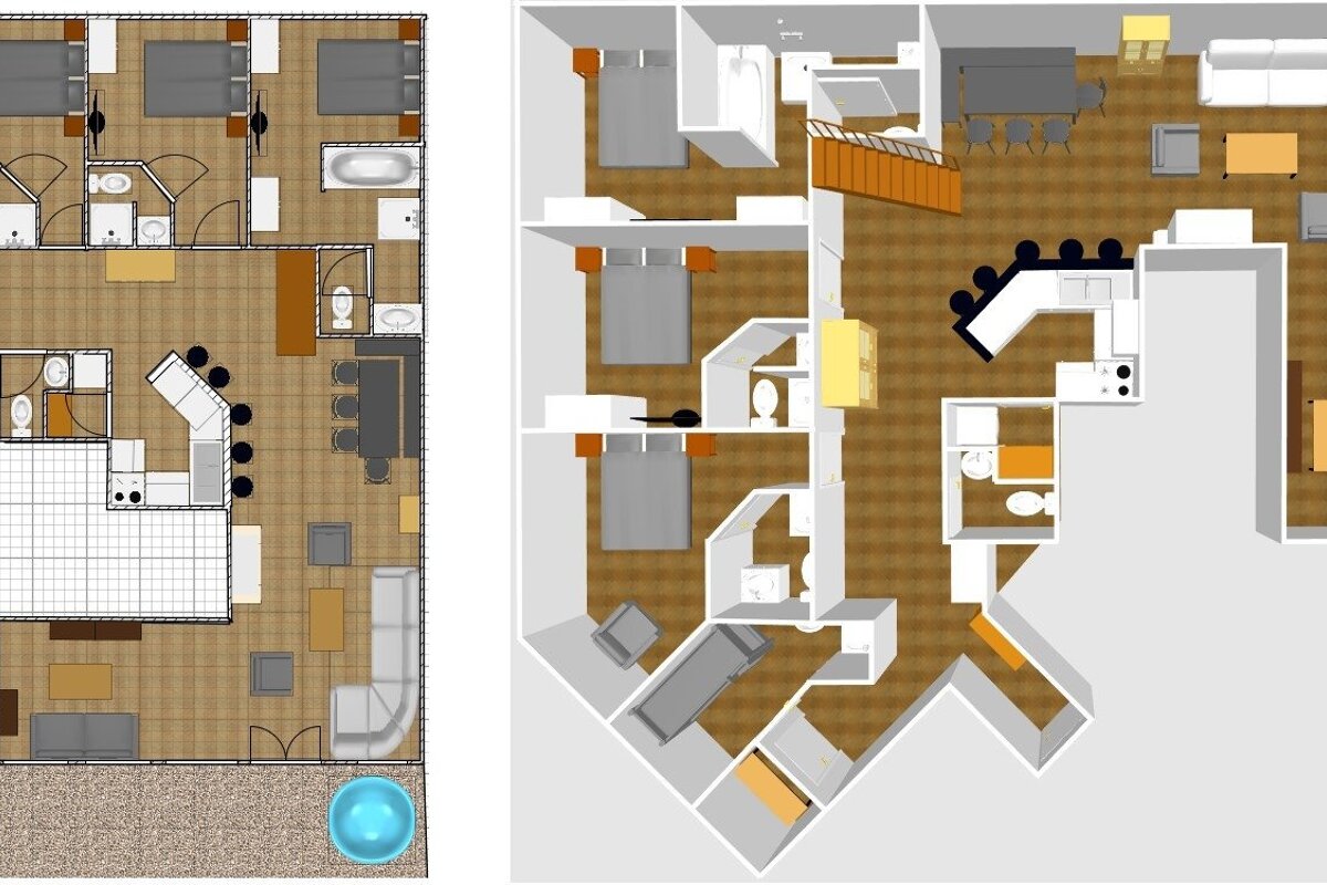 Two detailed house floor plans side-by-side: a 2D top-down perspective and a 3D isometric view, showing bedrooms, bathrooms, kitchen, and living areas.