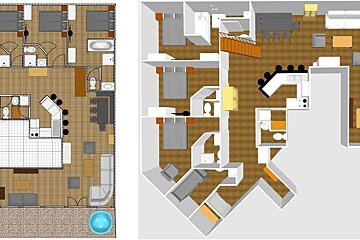 A 3d floor plan of a house with bedrooms and bathrooms