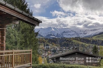 A mountain base real estate sign is on the side of a building