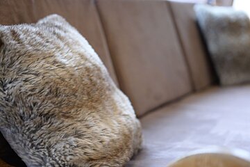 A furry pillow sits on a brown couch