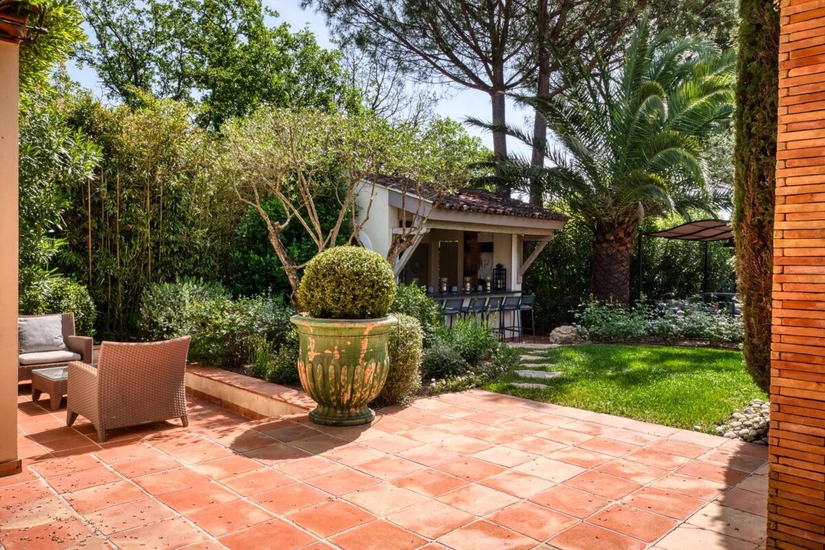 A large potted plant sits on a patio in front of a house