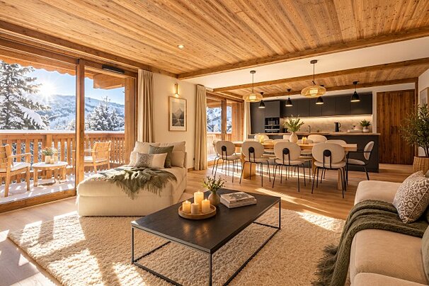 Warm, wooden chalet interior featuring a cozy living room, dining area, and large windows looking out at a snowy mountain view.