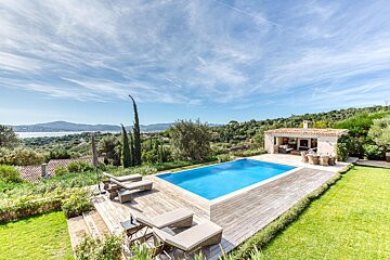A house with a large swimming pool in front of it
