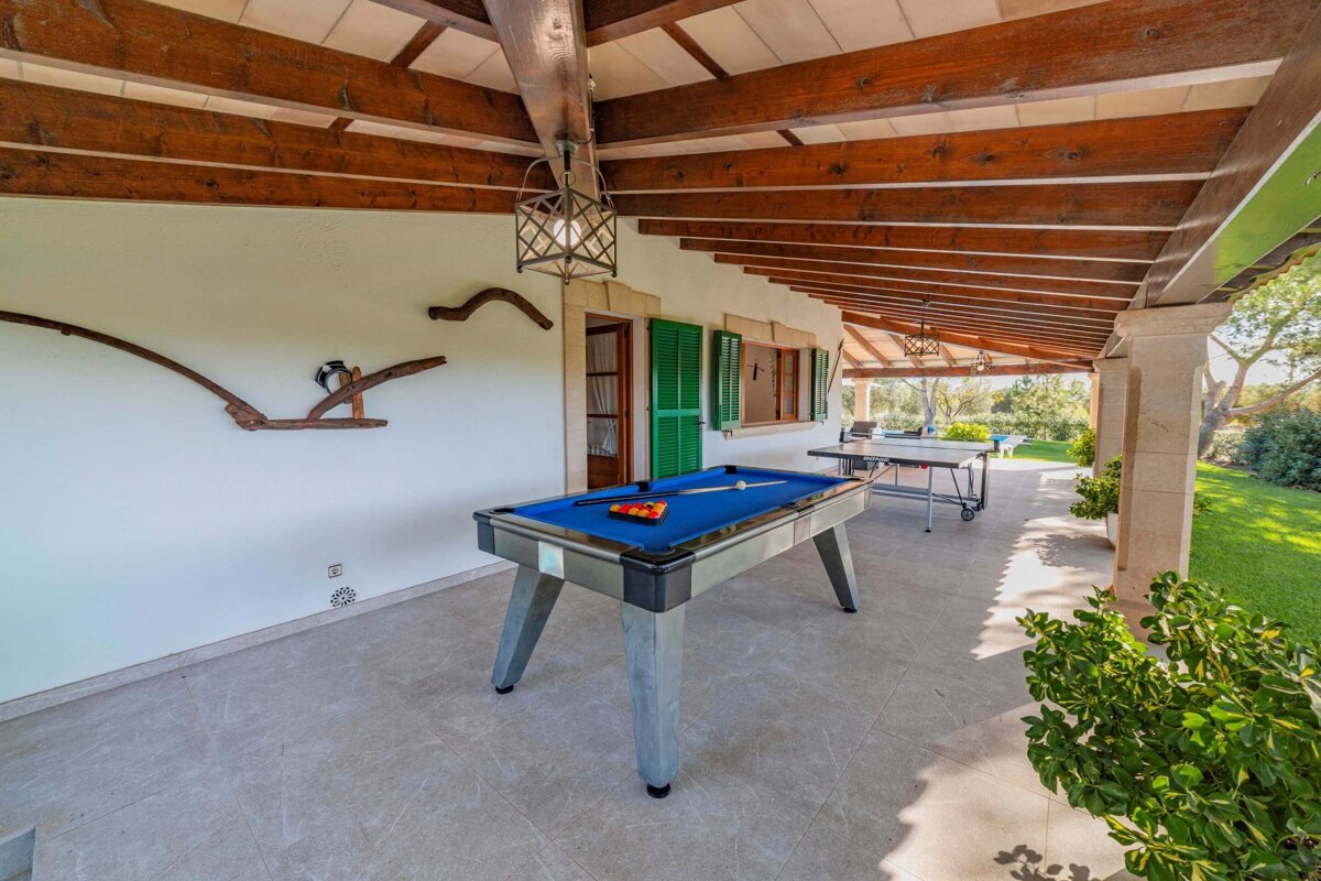 A pool table and ping pong table under a wooden roof