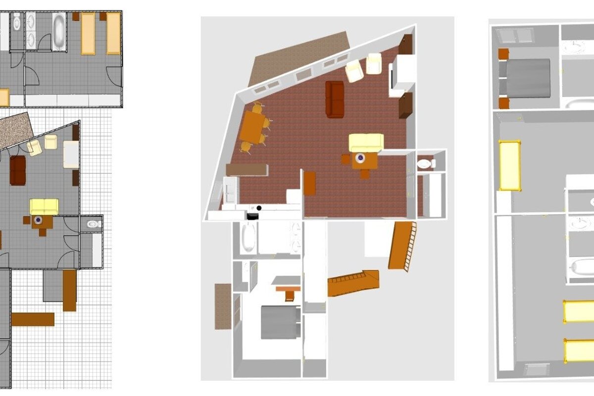 Multiple 2D floor plans showing various room layouts with furniture like beds, sofas, tables, and bathroom fixtures, some on a grid.