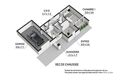 A 3d floor plan of a house with a car in the garage