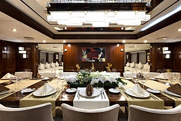 A large dining room with a painting on the wall