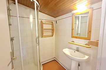 A bathroom with a sink a mirror and a shower