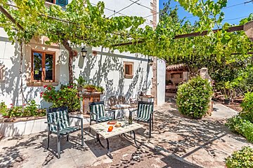 A patio with a table and chairs under a vine