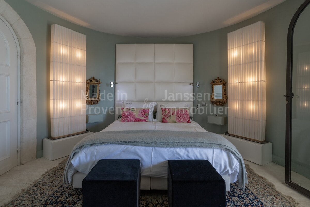 A bedroom with a bed and two ottomans and the word janssens on the wall