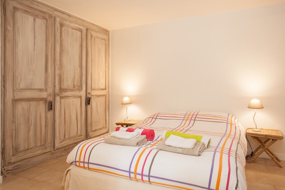 A bedroom with a bed and two lamps