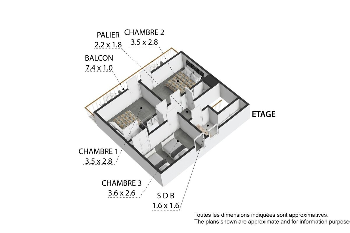 3D isometric floor plan of an upper floor ('ETAGE') with three 'CHAMBRE' (bedrooms), a 'SDB' (bathroom), 'PALIER' (landing), and 'BALCON', with dimensions.