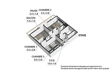 3D isometric floor plan of an upper floor ('ETAGE') with three 'CHAMBRE' (bedrooms), a 'SDB' (bathroom), 'PALIER' (landing), and 'BALCON', with dimensions.
