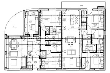 A black and white floor plan of a house with balconies