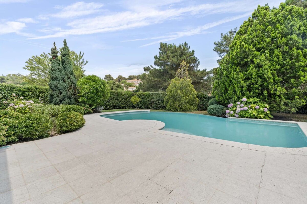 A large swimming pool surrounded by trees and bushes