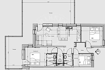 Detailed architectural floor plan featuring 2 bedrooms, open-plan living/kitchen, 2 bathrooms, WC, sleeping nook, entrance, and 2 terraces.