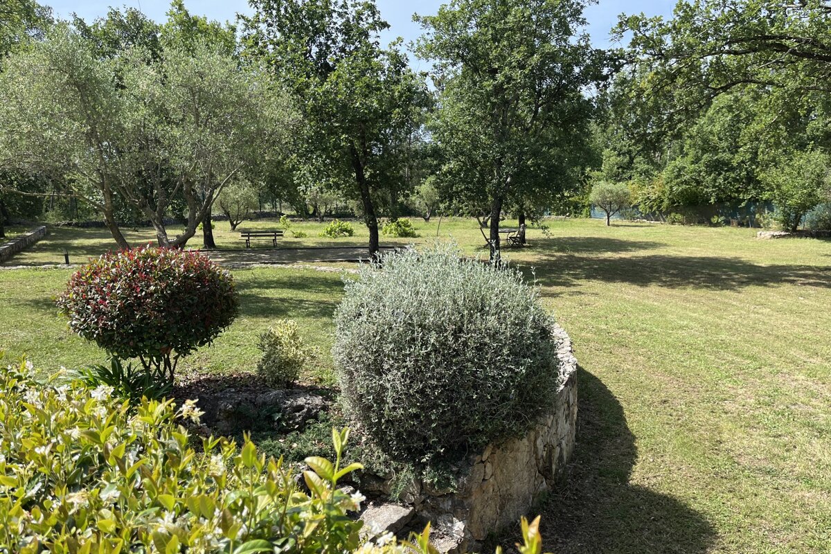 A garden with trees and bushes and a stone wall