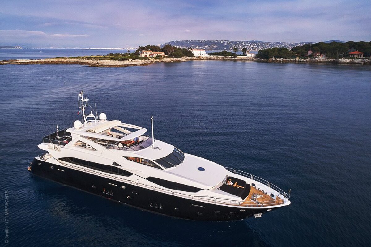 An aerial view of a large yacht in the ocean