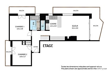 A floor plan of a 2-bedroom apartment with a kitchen, living room, bathroom, WC, and multiple balconies. Room dimensions are noted.