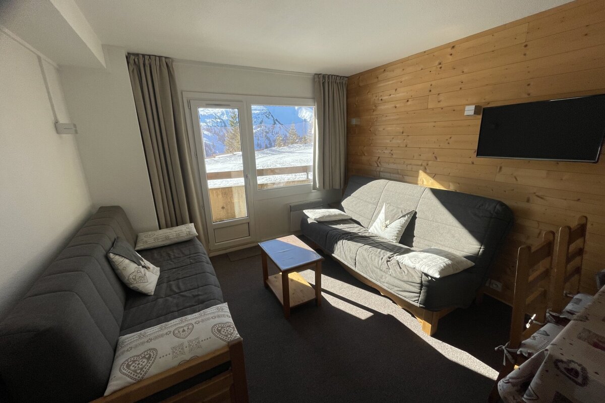 A mountain view apartment living room with two gray sofa beds, a wooden accent wall, TV, and a balcony overlooking snow-covered peaks.