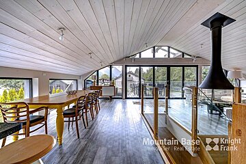 A room with a table and chairs and a sign that says mountain base knight frank