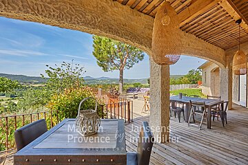 A table and chairs on a porch that says made in provence by immobilier