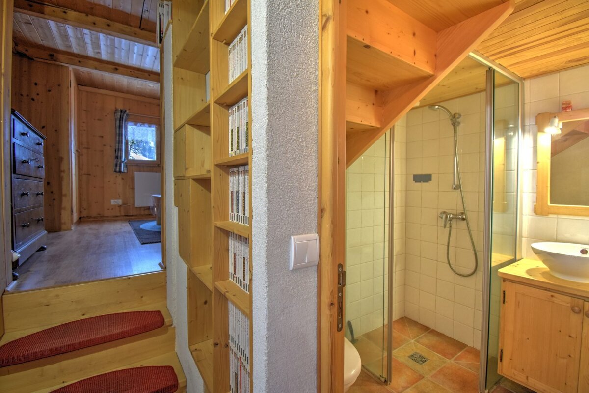 Cozy wooden cabin interior: stairs with red treads and built-in bookshelves. A compact bathroom with shower and sink is located under the stairs.