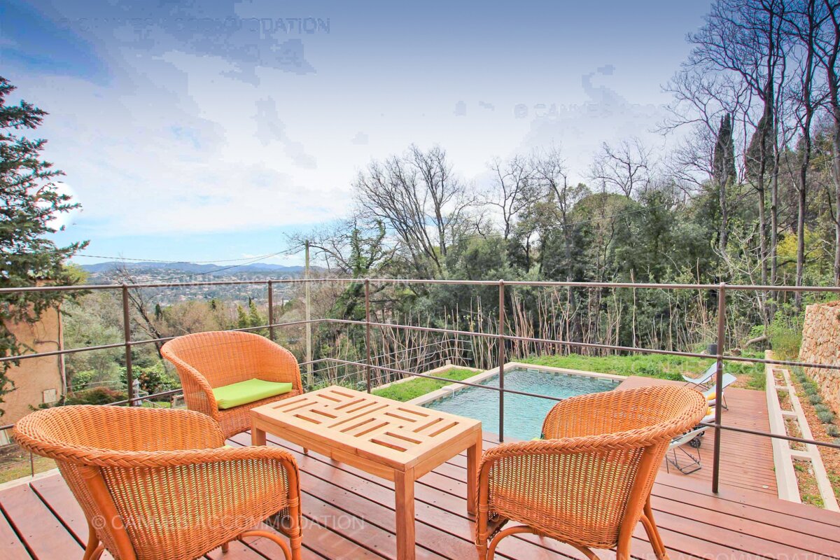 Two wicker chairs sit on a deck overlooking a swimming pool