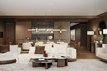 A luxurious, modern open-plan living space with cream sofas, dark wood accents, marble tables, a dining area, and a stylish kitchen.