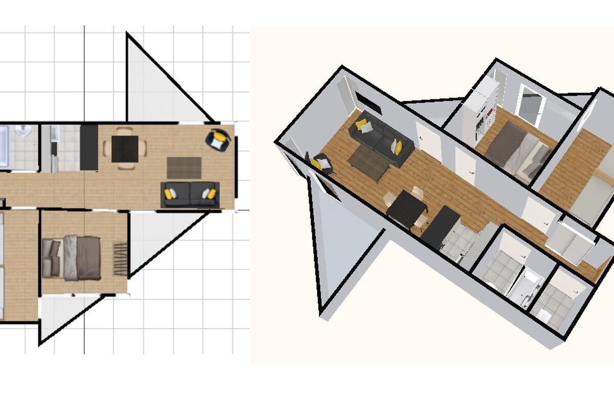 Two views of a house floor plan: a 2D top-down grid layout and a 3D isometric rendering with furniture.