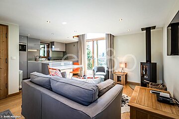 A living room with a grey couch and a wood stove