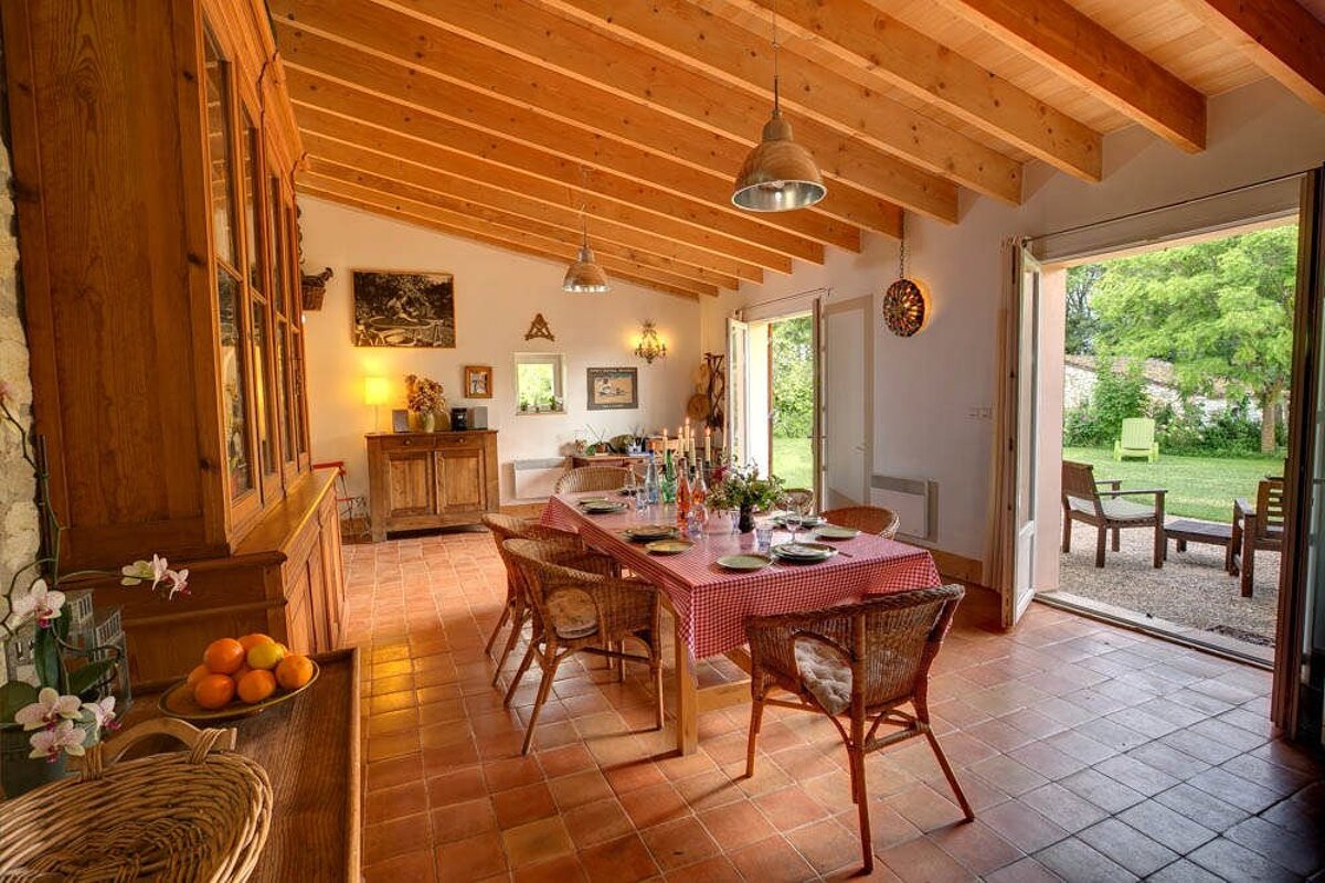 A dining room table with a red and white table cloth