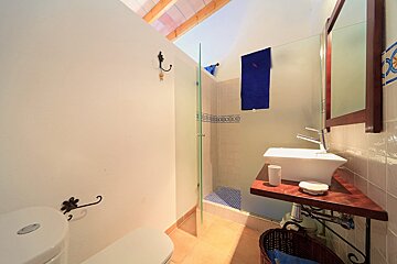 A bright bathroom with white walls, terracotta floors, a modern vessel sink, glass shower, and toilet. Features blue decorative tiles and a sloped ceiling with wood beams.